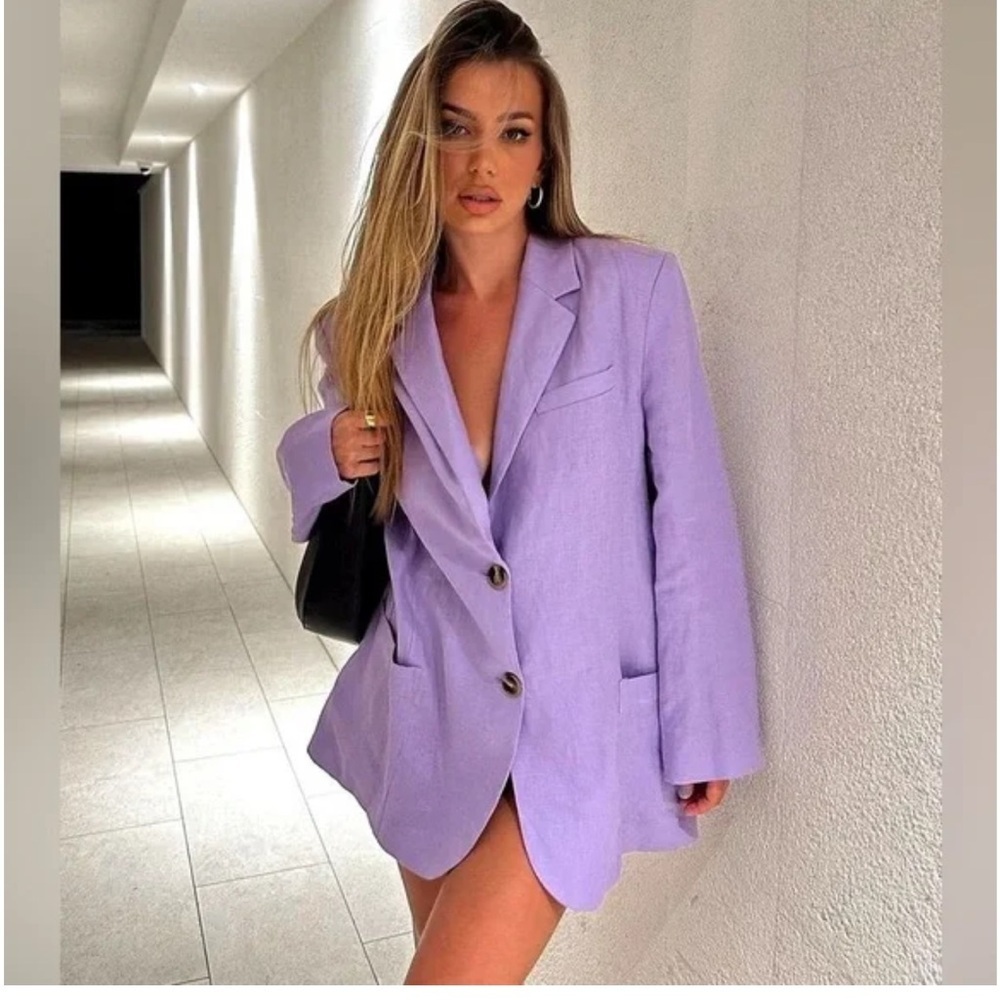 Zara Lilac Linen Single-Breasted Oversized Blazer Jacket Sz XS